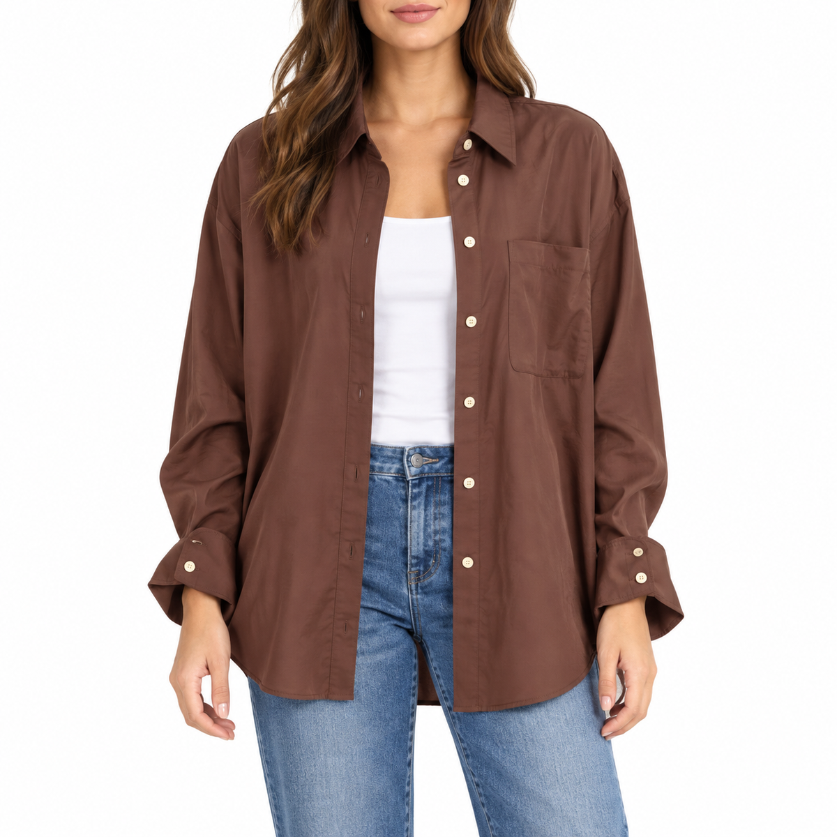 Chocolate Brown pocket shirt styled on AI model