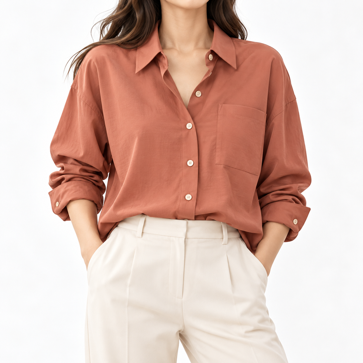 Terracotta pocket shirt styled on AI model