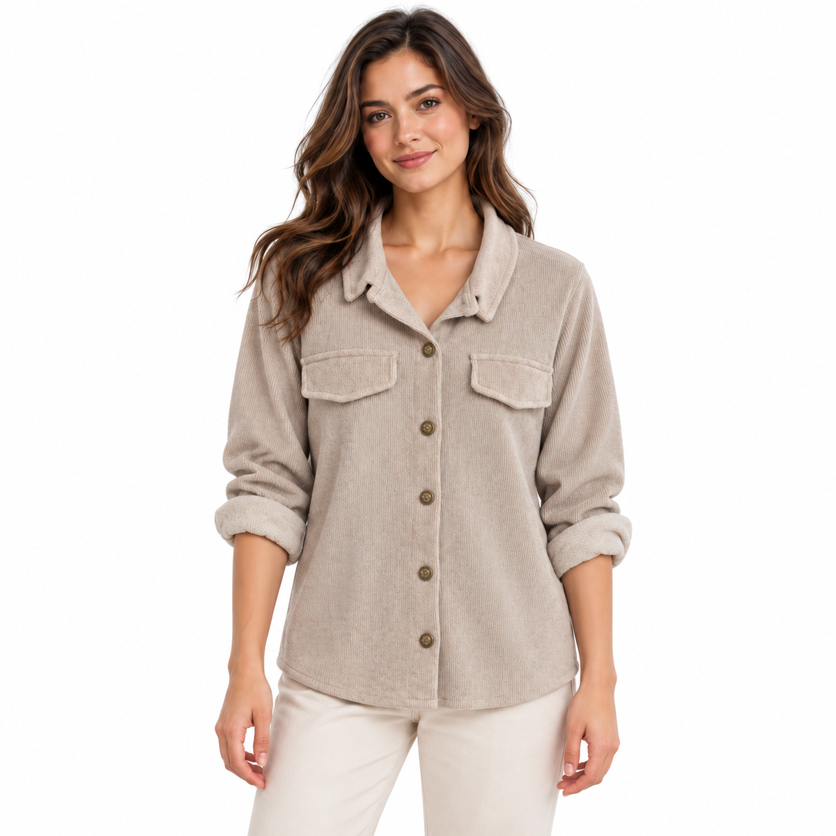 Ribbed Pocket Shirt - Beige on model