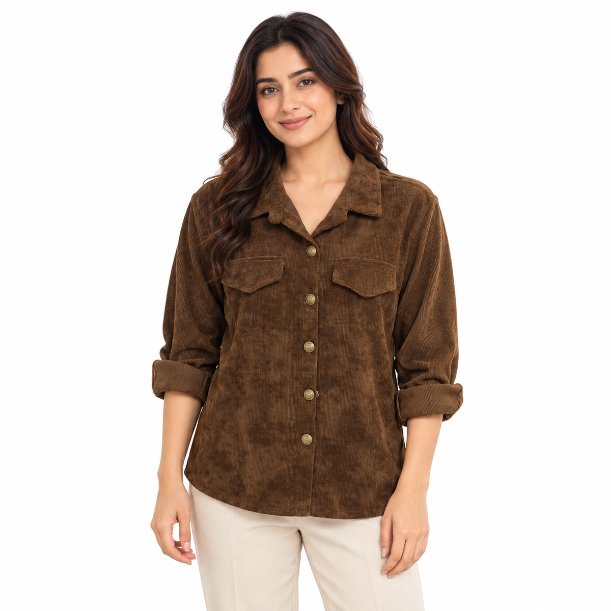 Ribbed Pocket Shirt - Brown on model