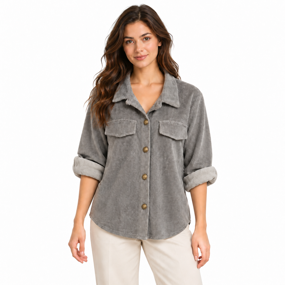 Ribbed Pocket Shirt - Grey on model