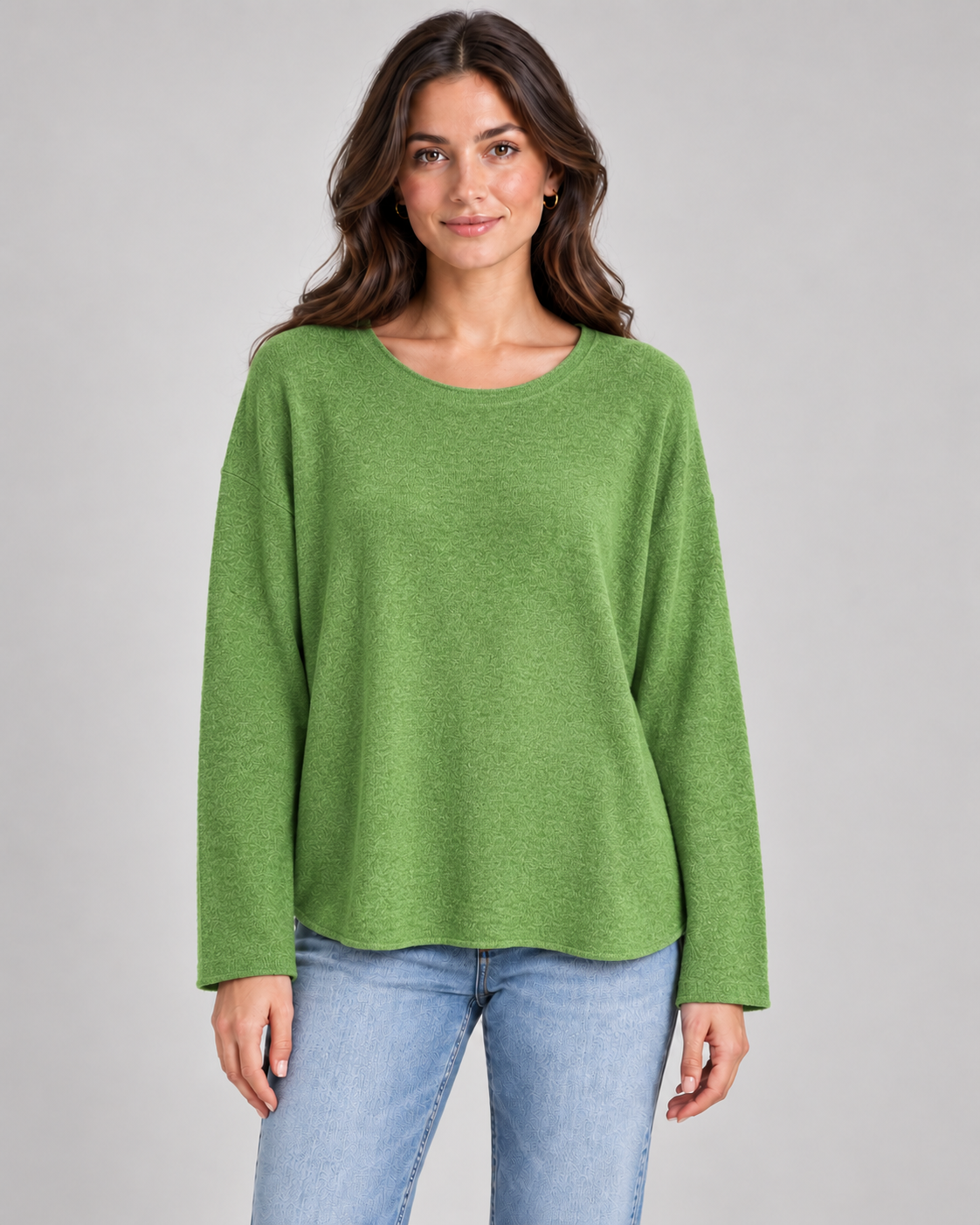 Women's round neck fine knit top in Apple Green on a female studio model