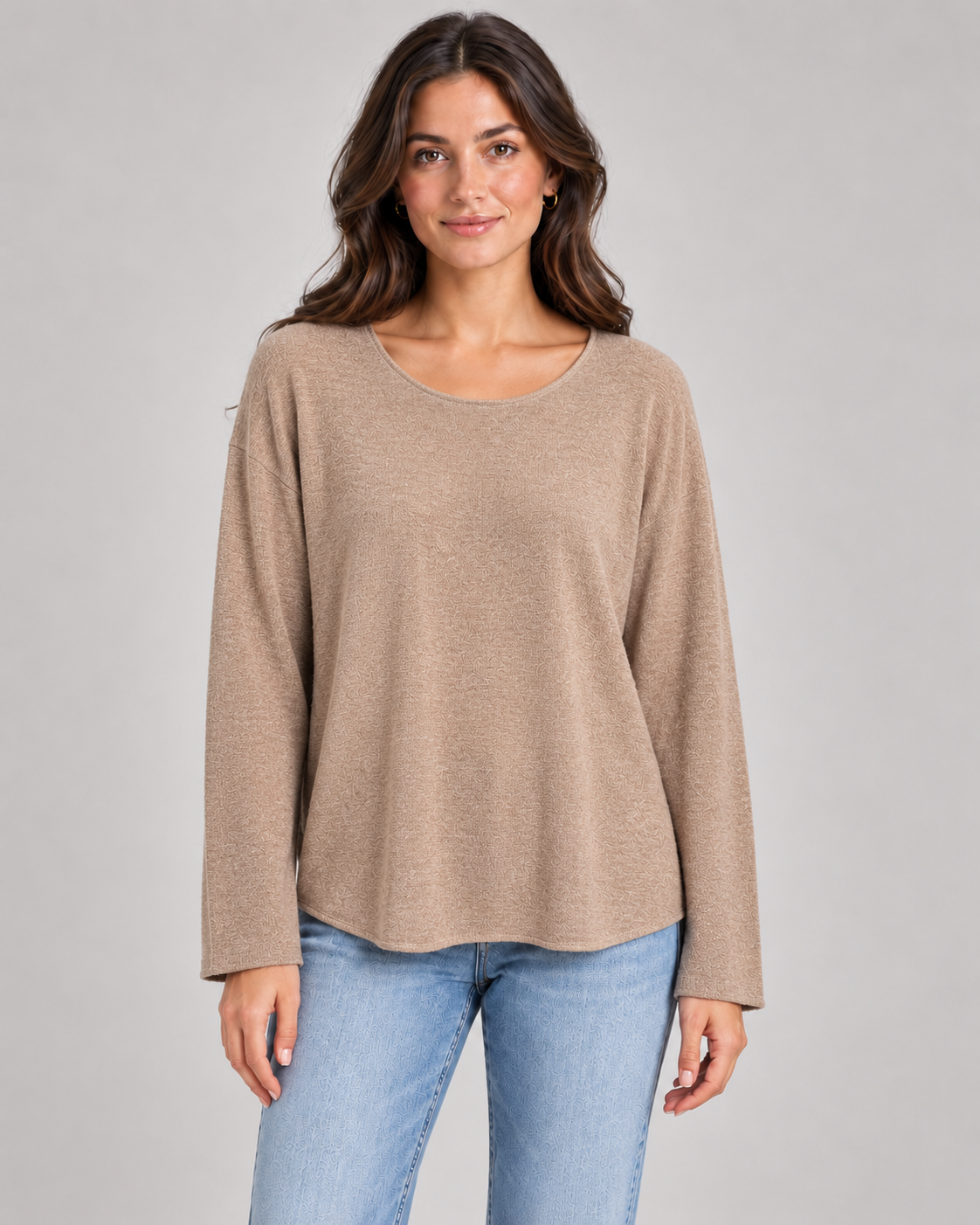 Women's round neck fine knit top in Beige on a female studio model