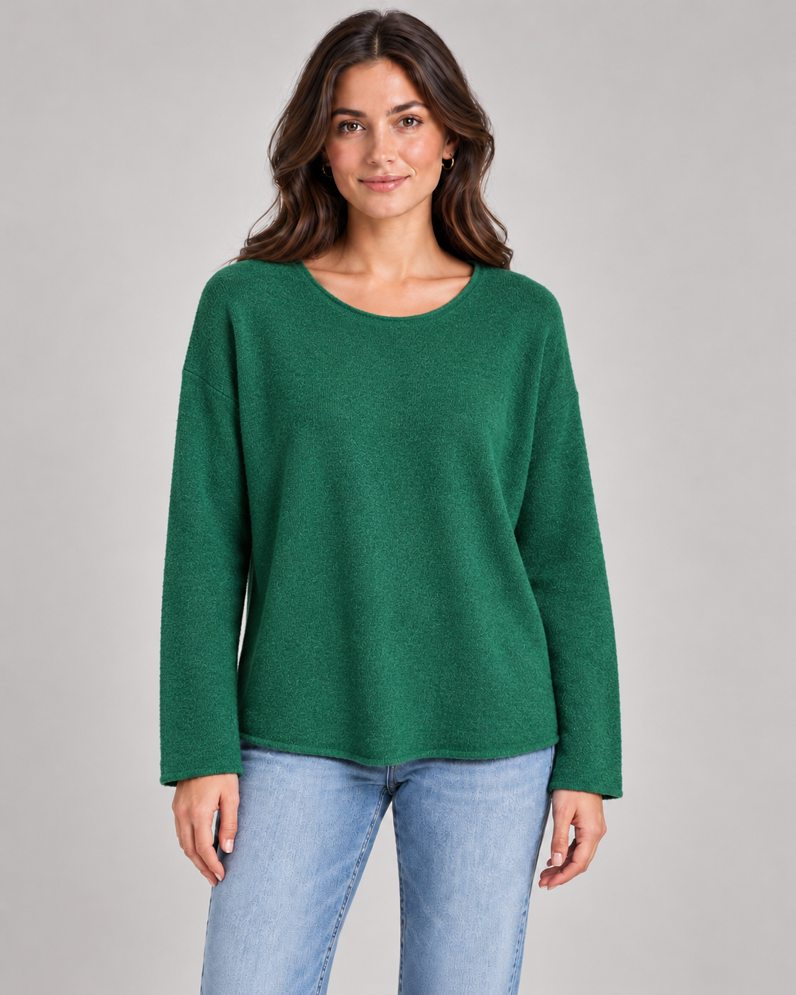 Women's round neck fine knit top in Forest Green on a female studio model
