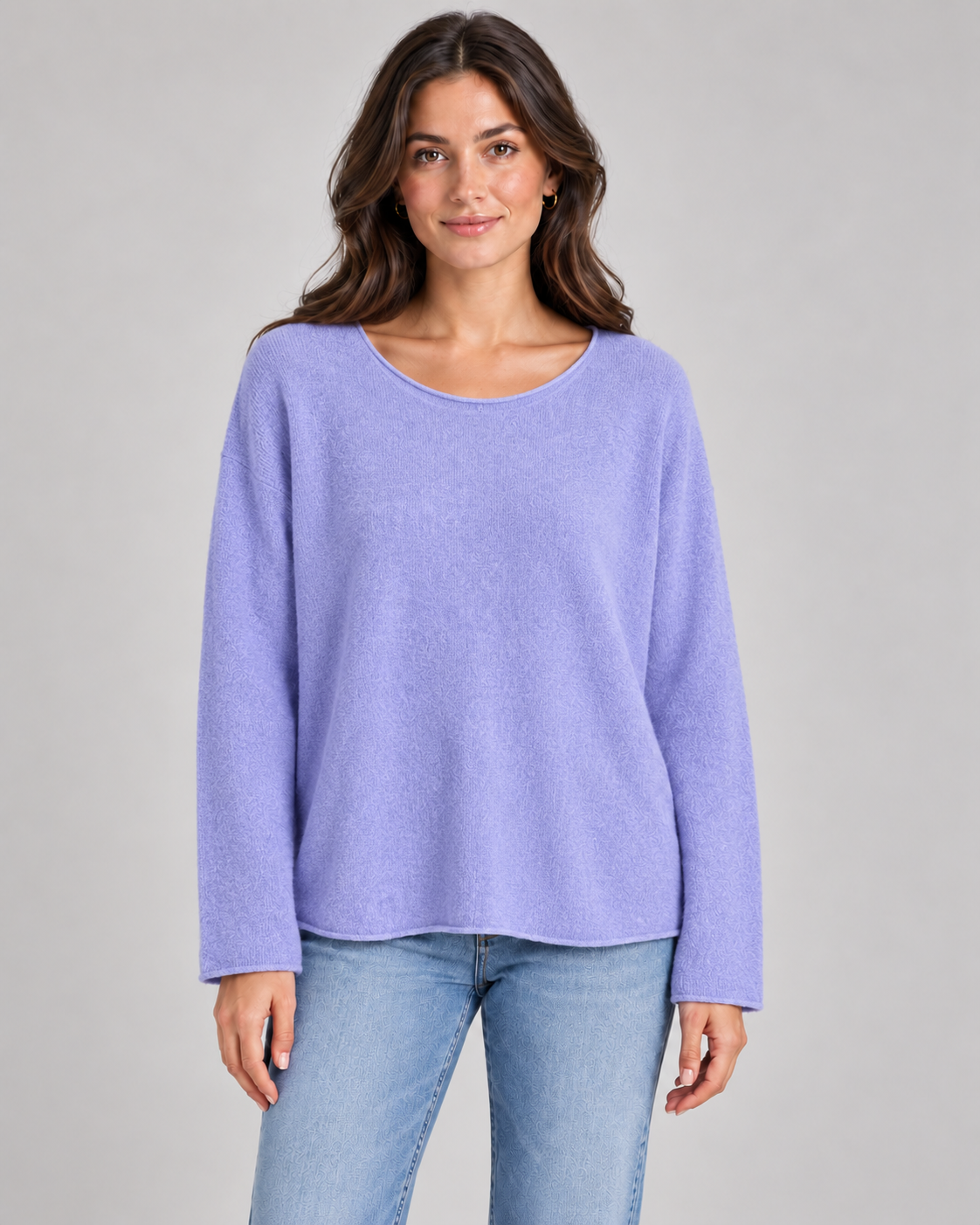 Women's round neck fine knit top in Lilac on a female studio model