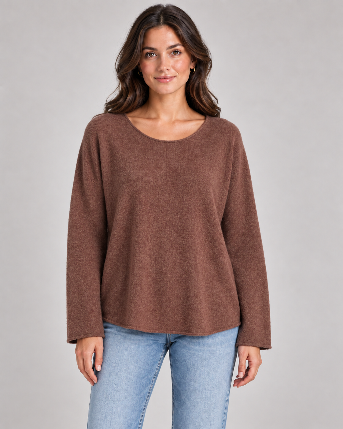 Women's round neck fine knit top in Mocha on a female studio model