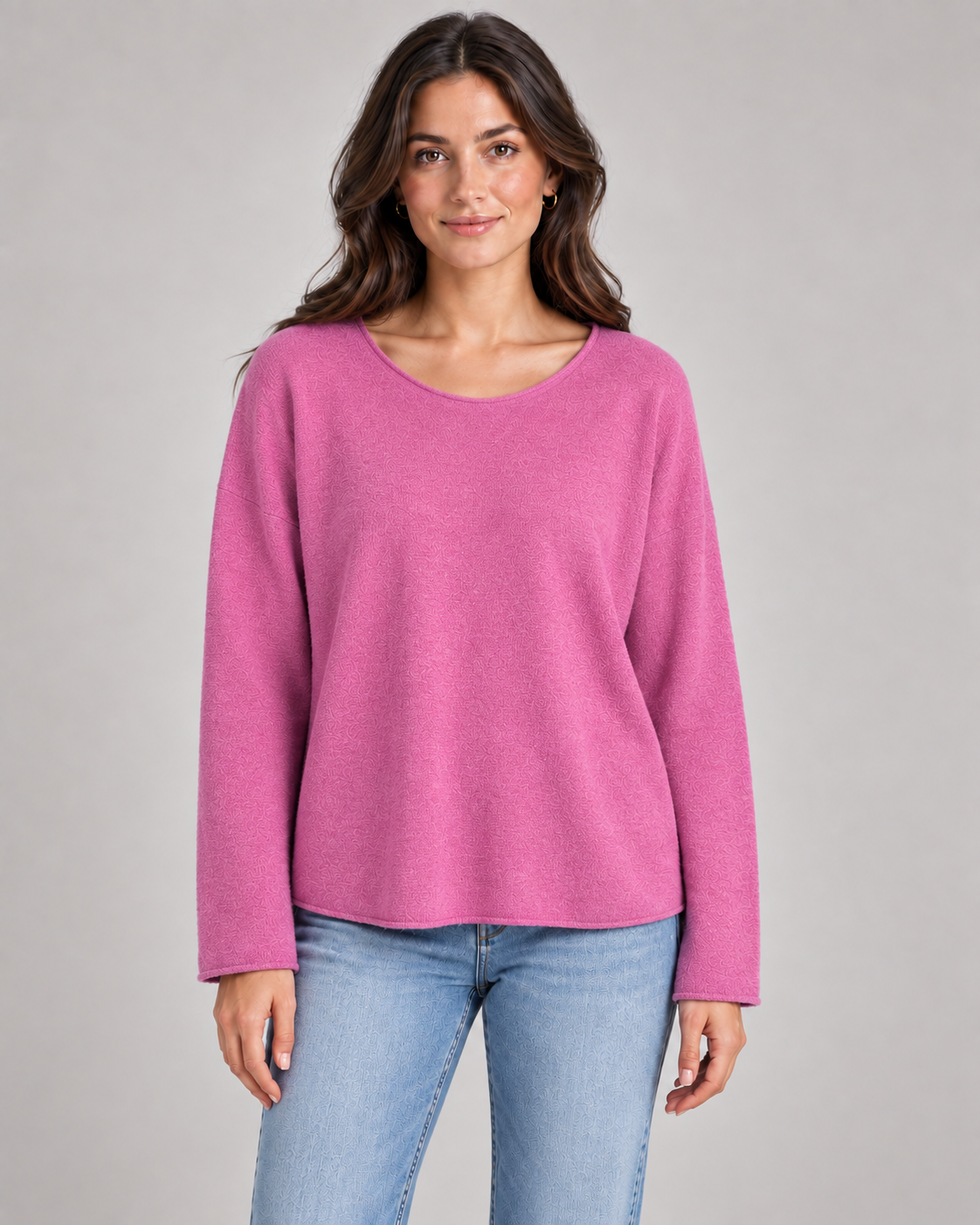 Women's round neck fine knit top in Orchid on a female studio model