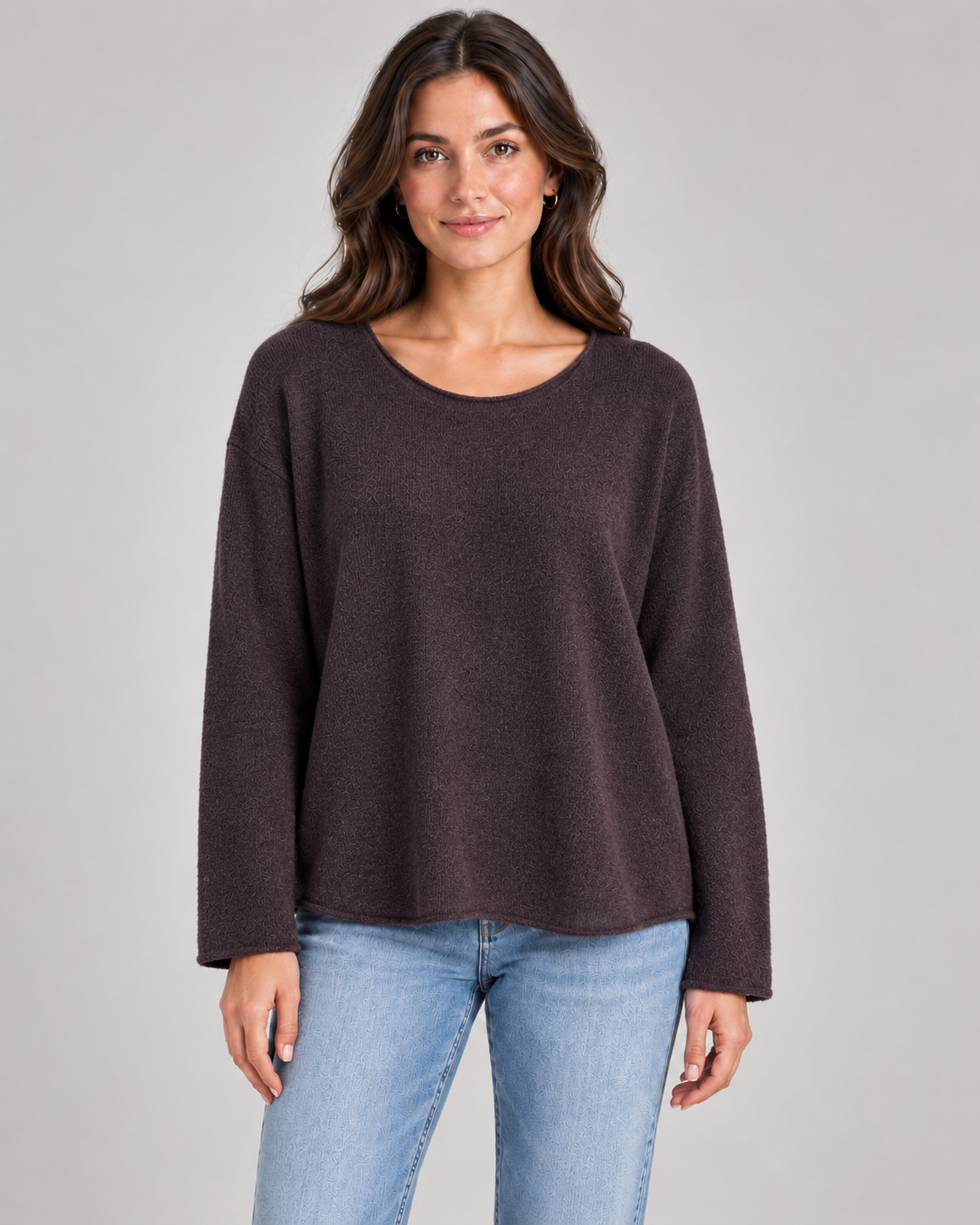 Women's round neck fine knit top in Plum on a female studio model