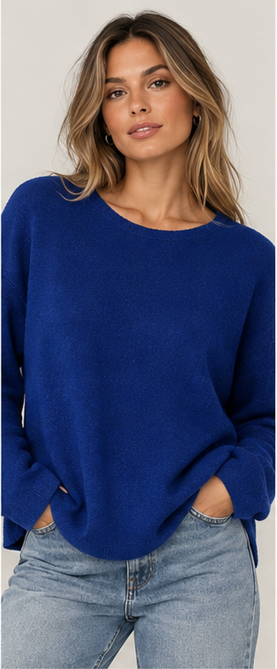 Women's round neck fine knit top in Royal Blue on a realistic AI model