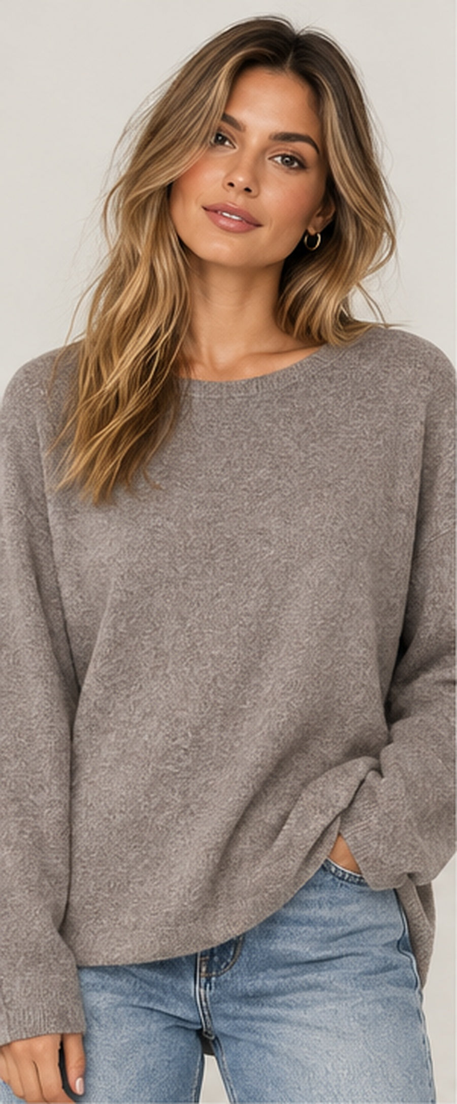 Women's round neck fine knit top in Taupe Grey on a realistic AI model