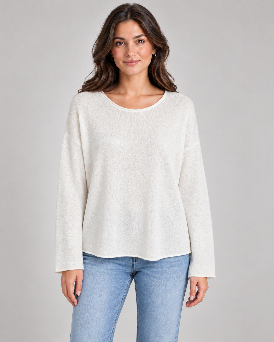 Women's round neck fine knit top in White on a female studio model