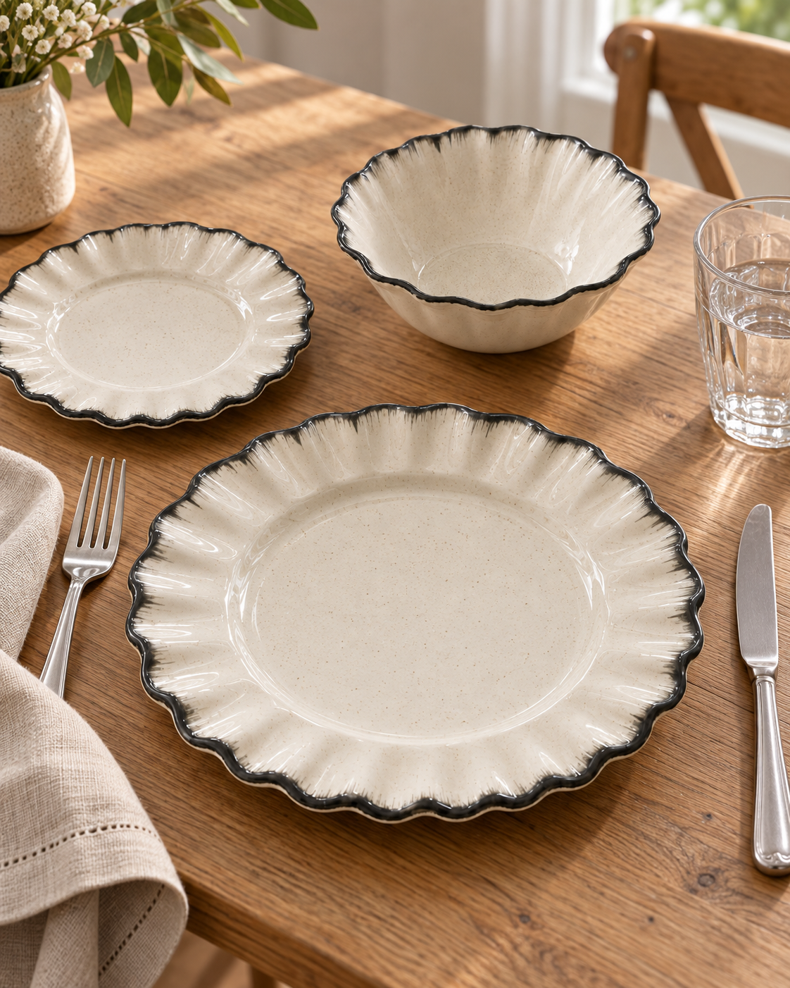 Ruffle dinnerware styled on a dining table
