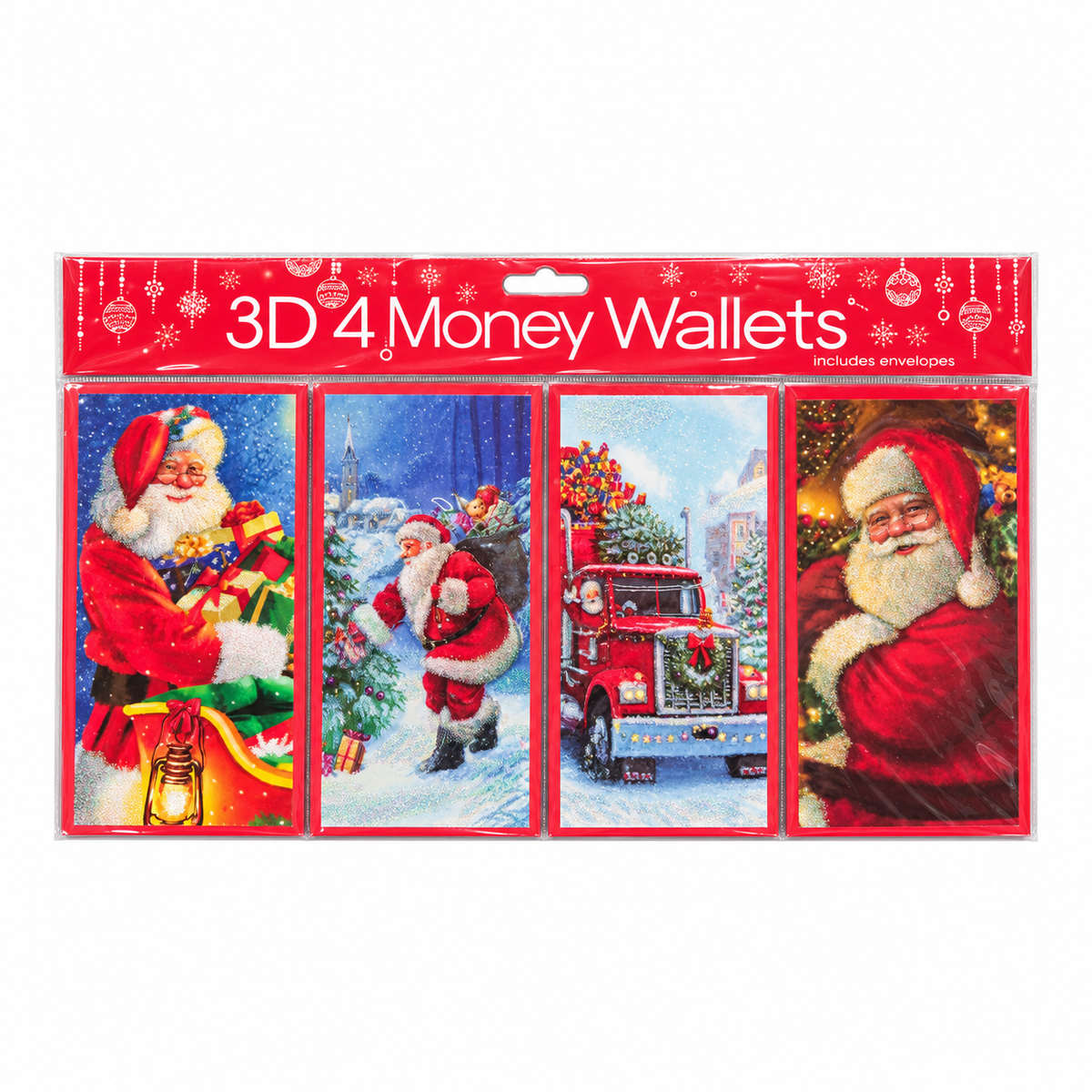 Four 3D Santa Christmas money wallets with envelopes