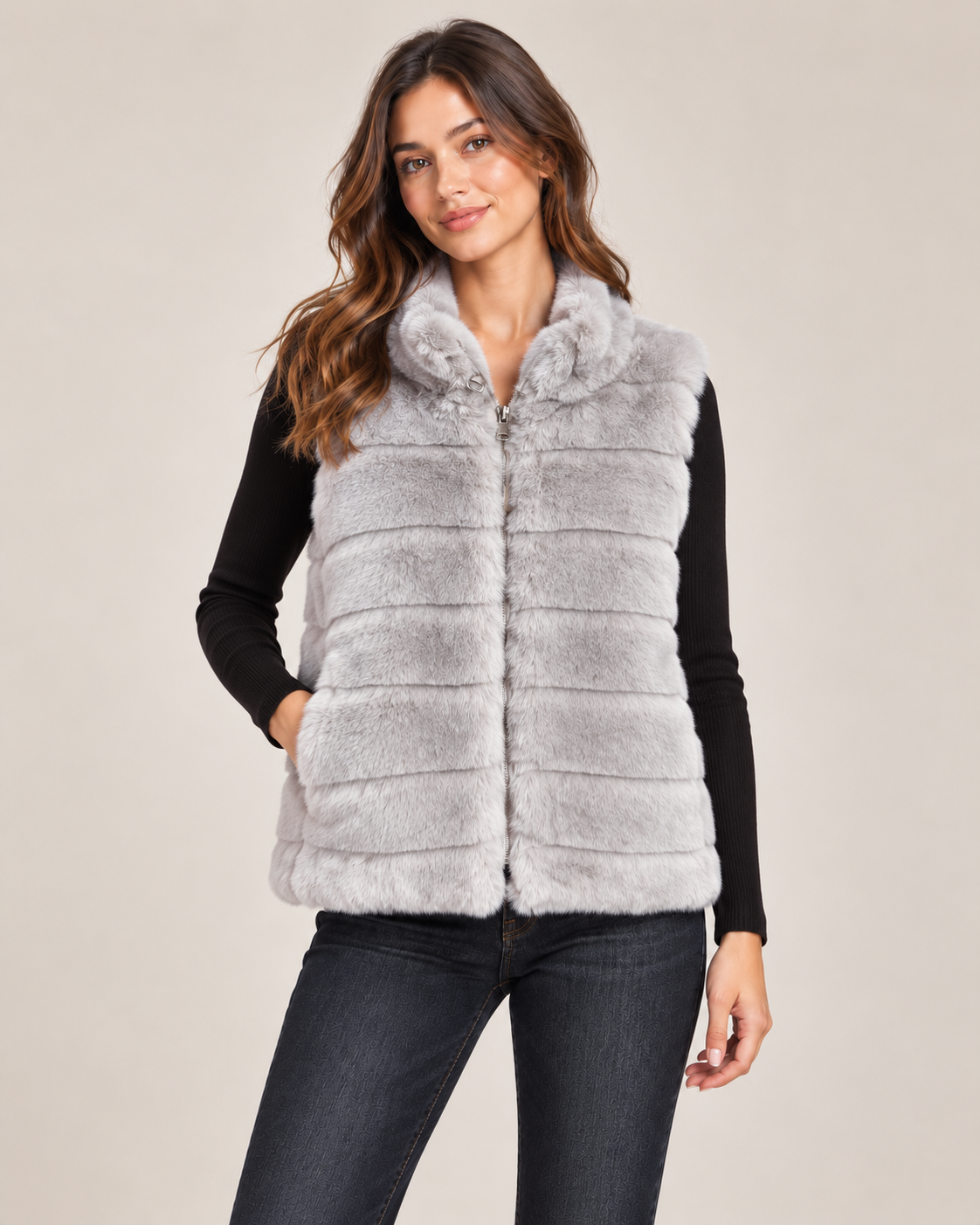 Faux Fur Gilet – Silver Grey worn by a model