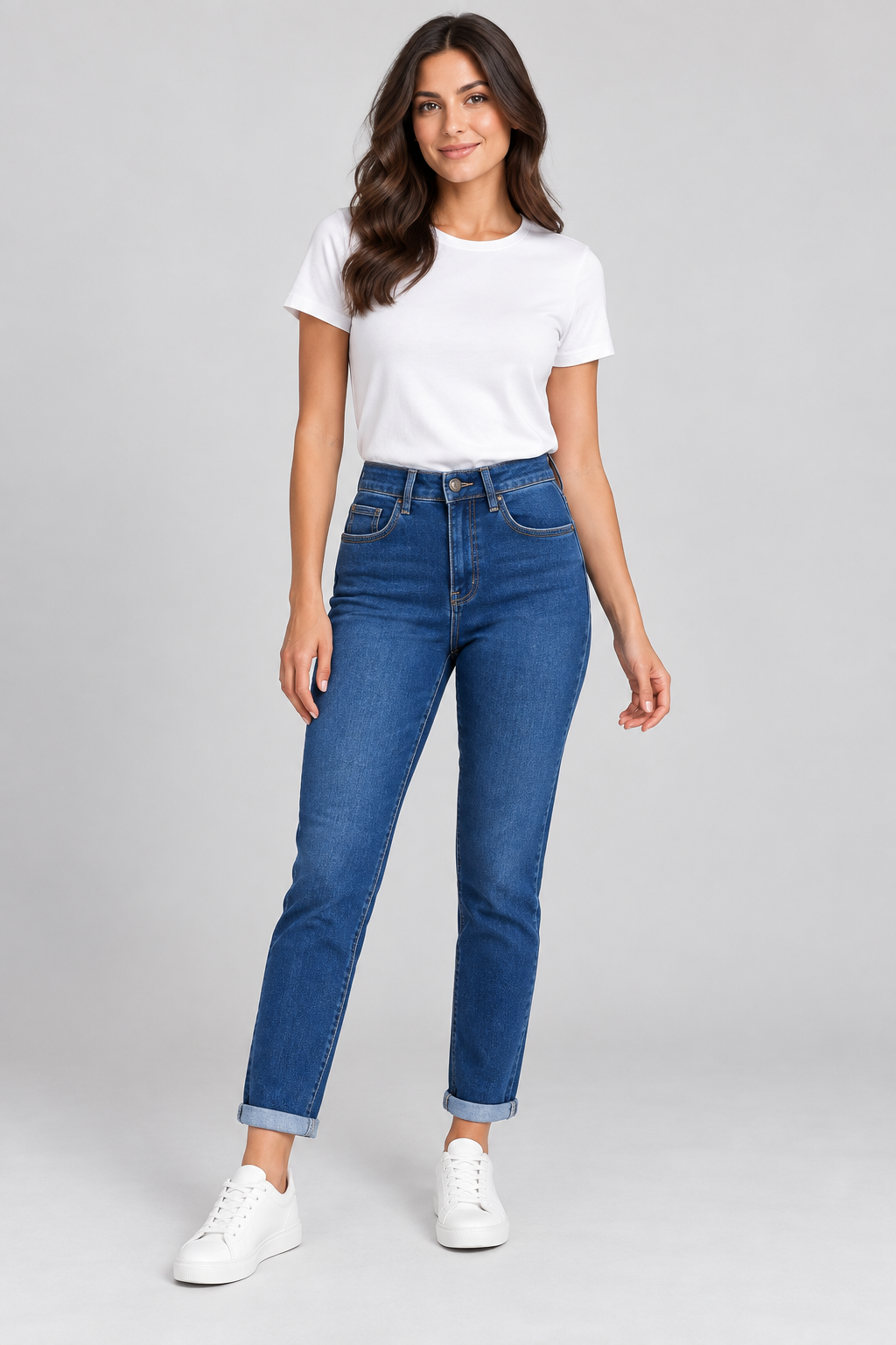 Stretch Denim Turn-Up Jeans – Blue