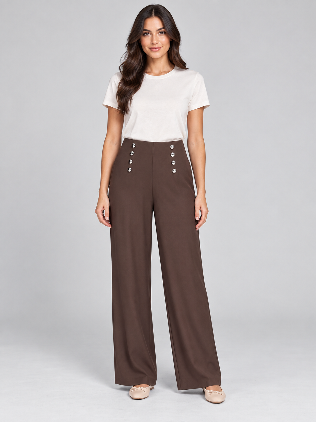 Stud Detail Wide Leg Trousers – Chocolate