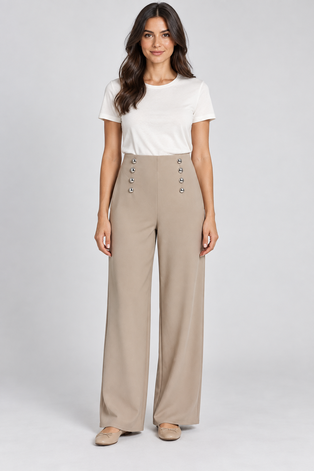 Stud Detail Wide Leg Trousers – Taupe
