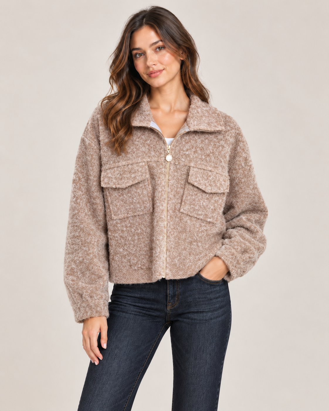 Brushed Collared Zip Jacket – Taupe worn by a model