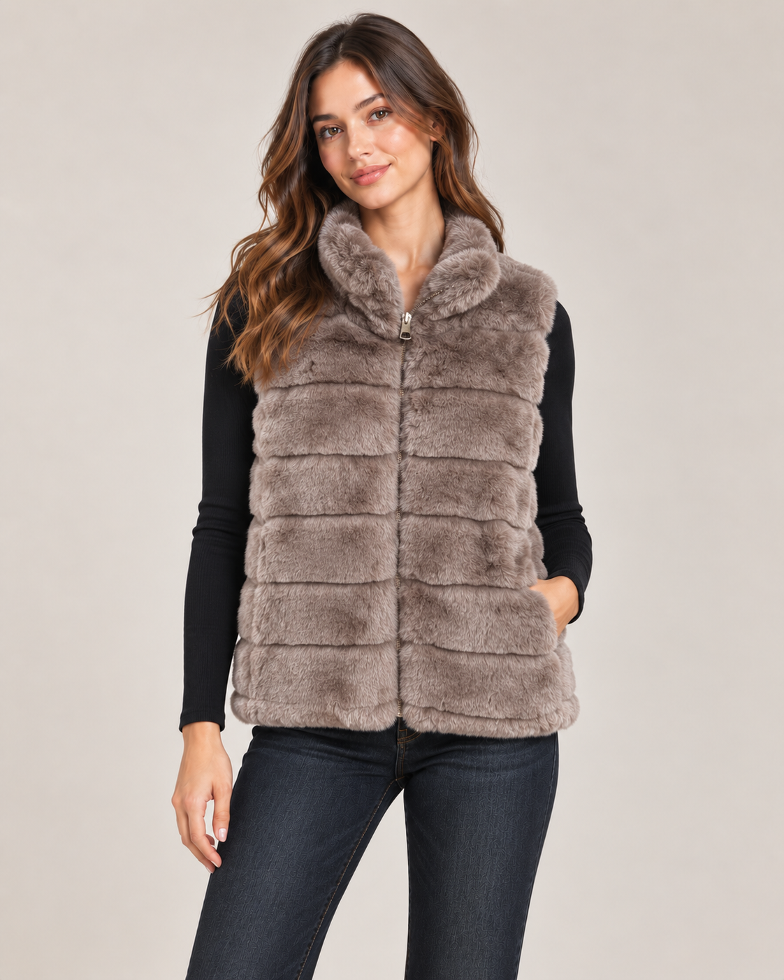 Faux Fur Gilet – Taupe worn by a model