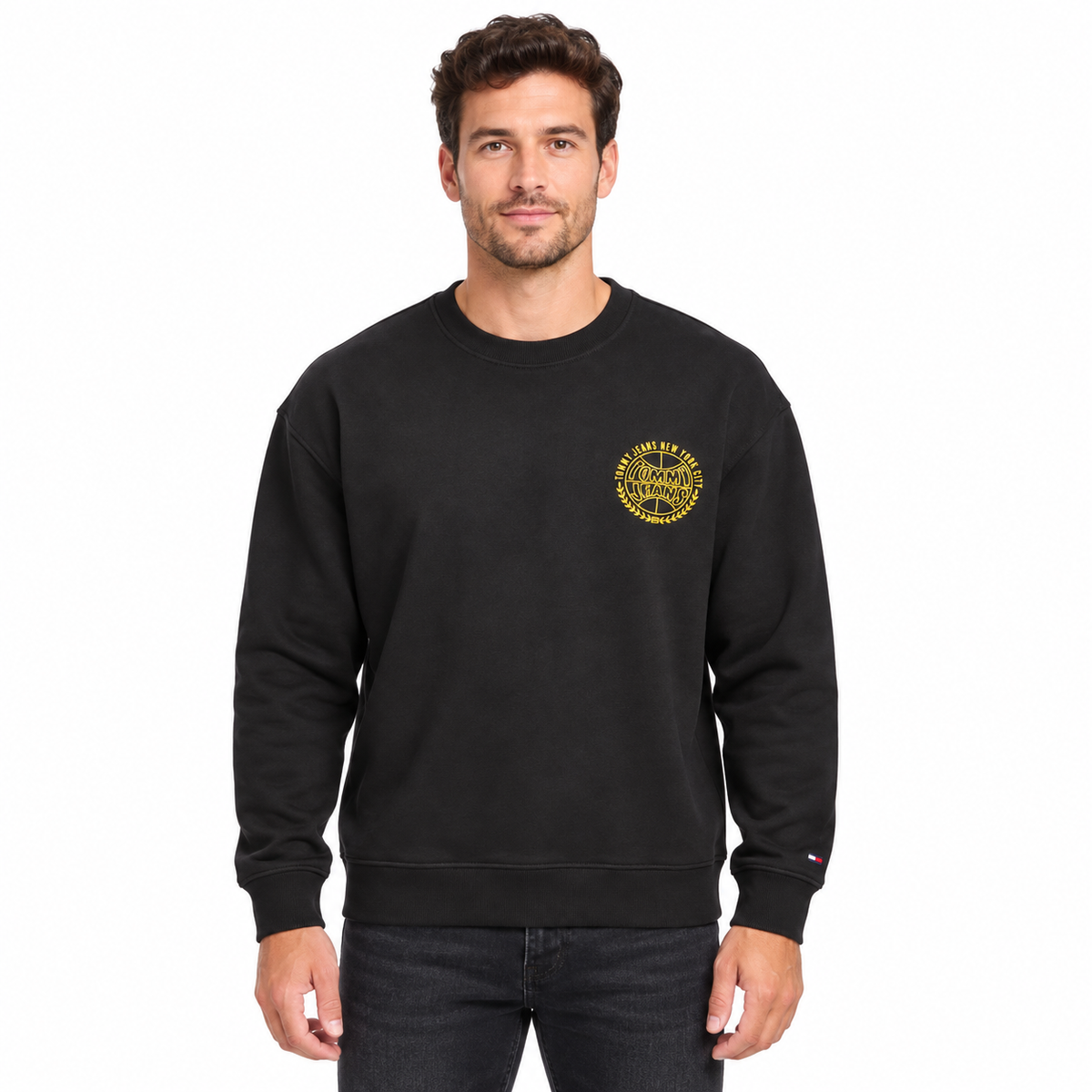 Tommy Jeans NYC Crest Sweatshirt – Black on a model