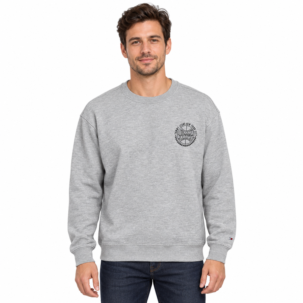 Tommy Jeans NYC Crest Sweatshirt – Grey on a model