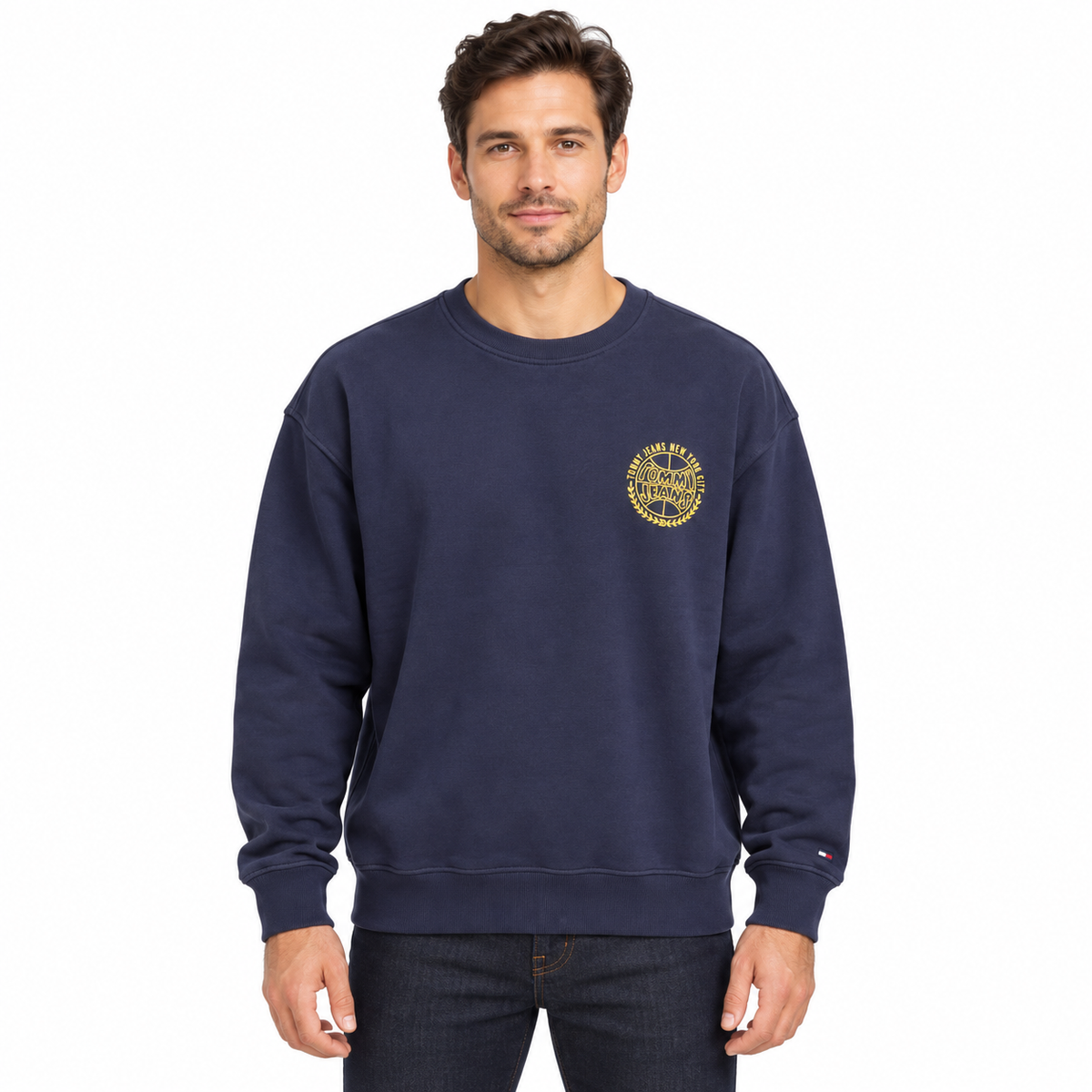 Tommy Jeans NYC Crest Sweatshirt – Navy on a model
