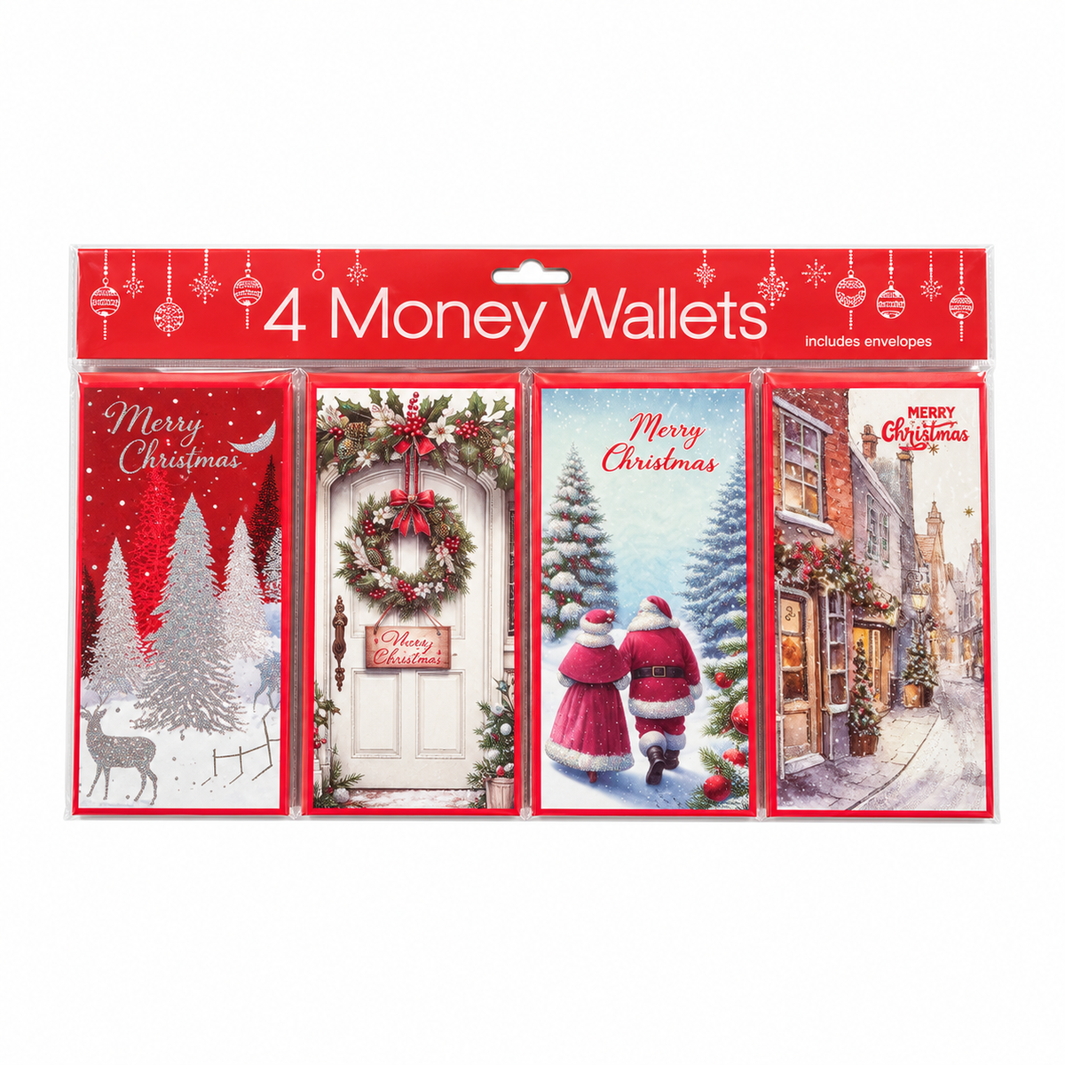 Four traditional Christmas money wallets with envelopes