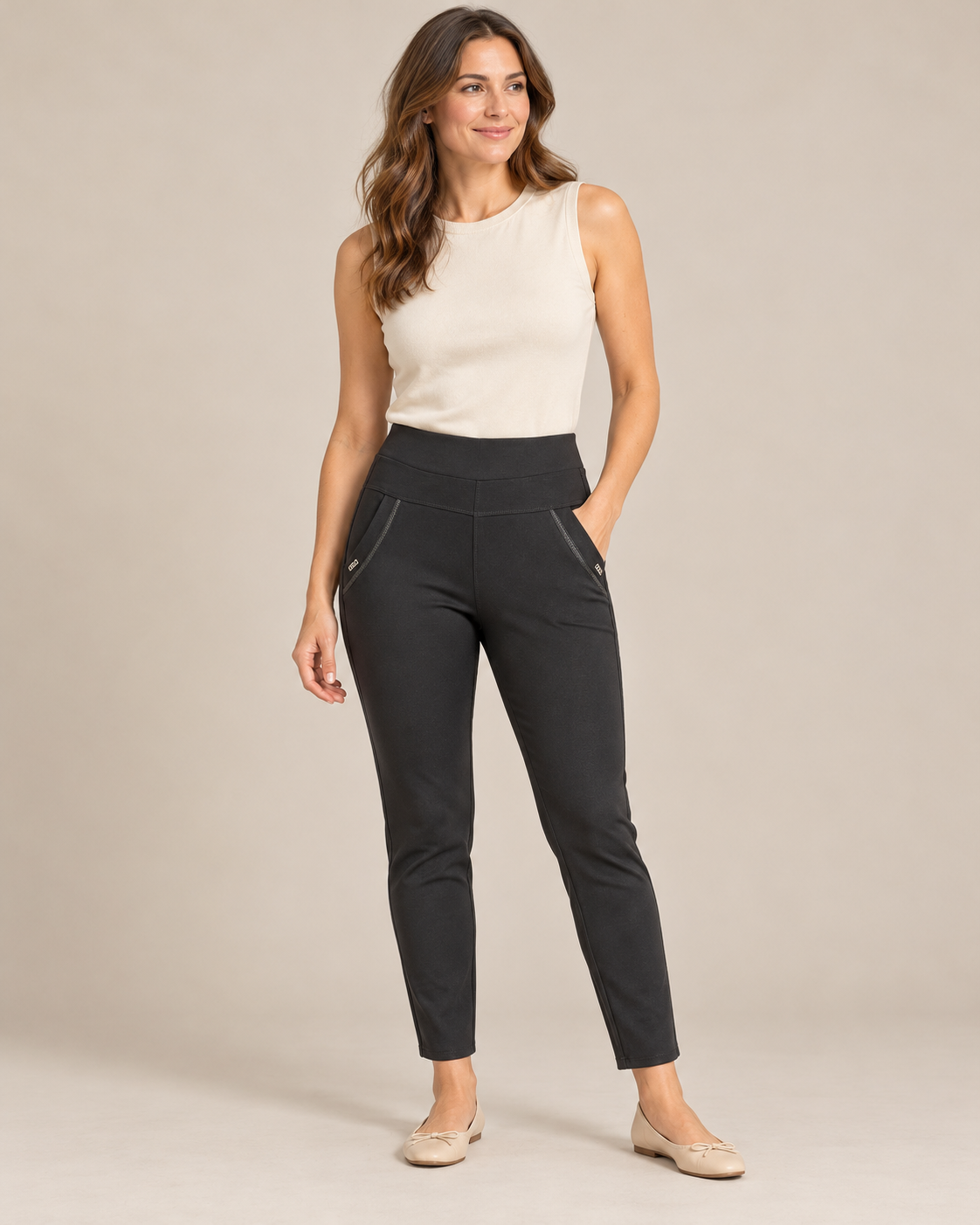 Trim Pocket Pull-On Trousers – Black worn by a model