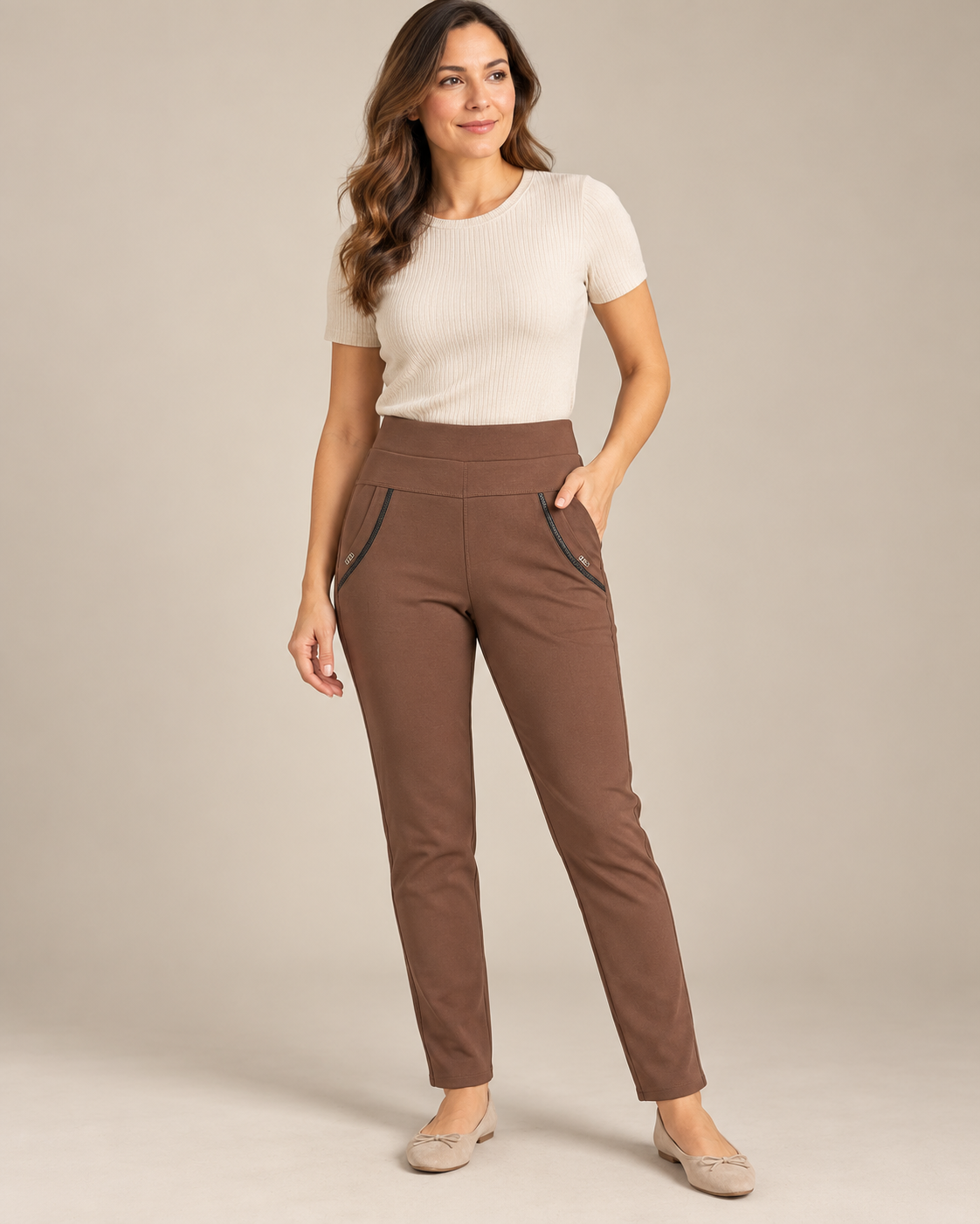 Trim Pocket Pull-On Trousers – Chocolate worn by a model