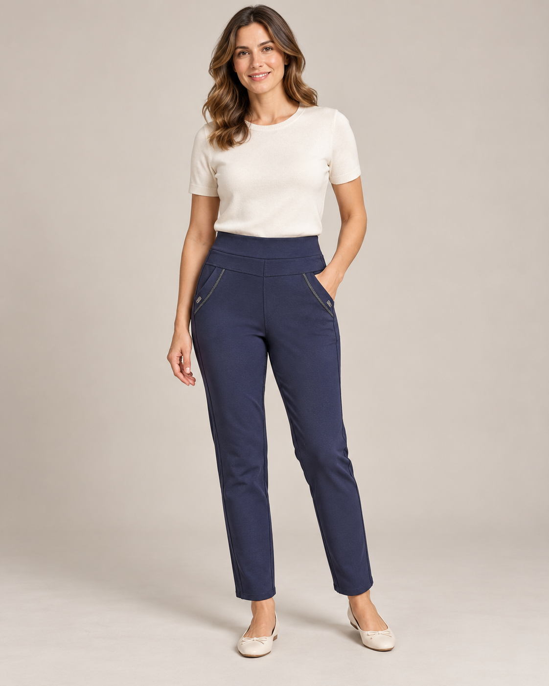 Trim Pocket Pull-On Trousers – Navy worn by a model