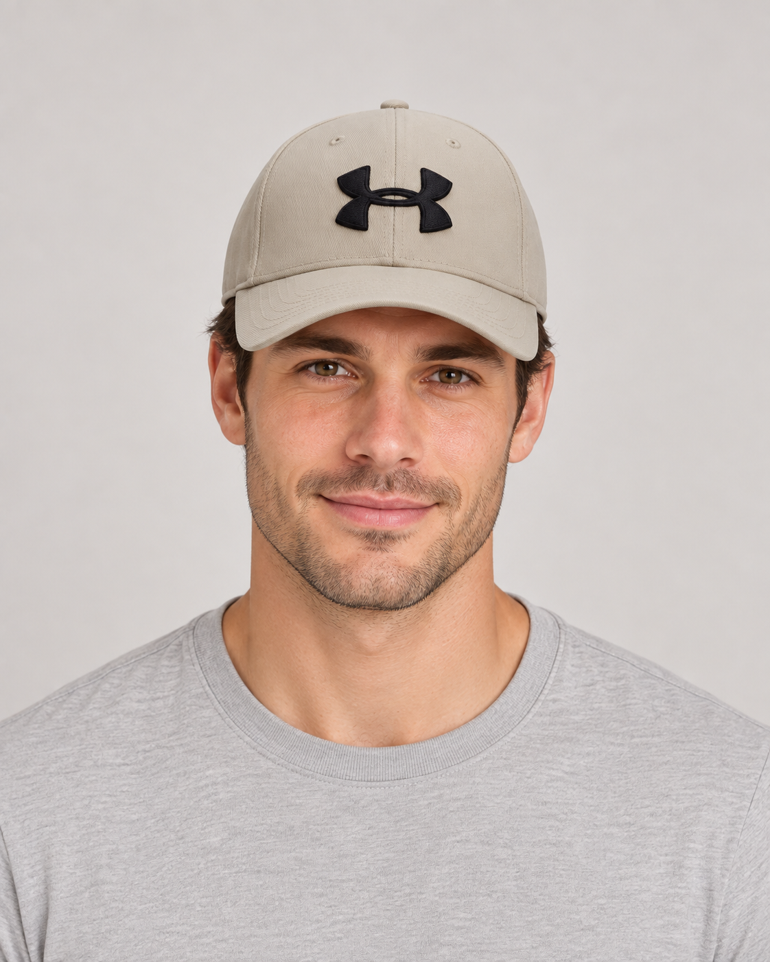 Under Armour Baseball Cap in Beige on a studio model