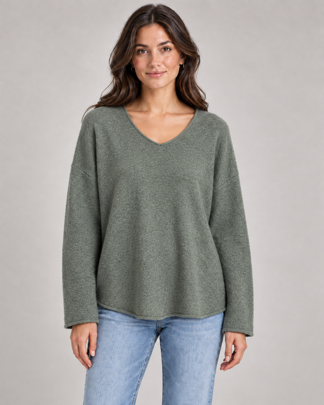 Women's V-neck fine knit top in khaki on a female studio model