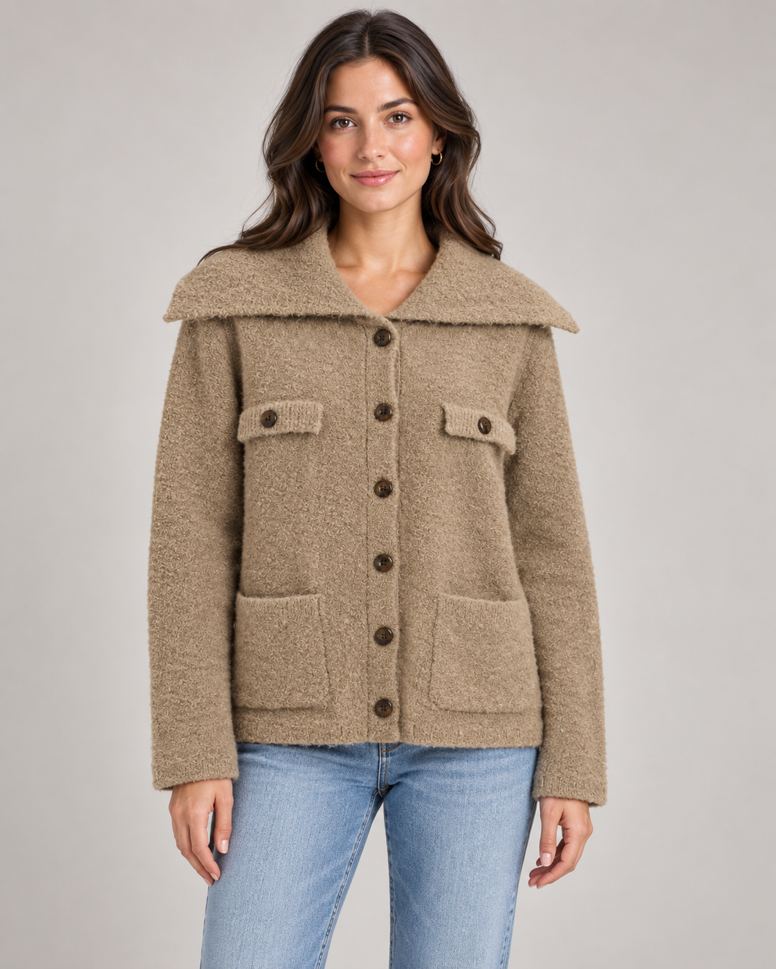 Brown wide collar textured cardigan on a woman