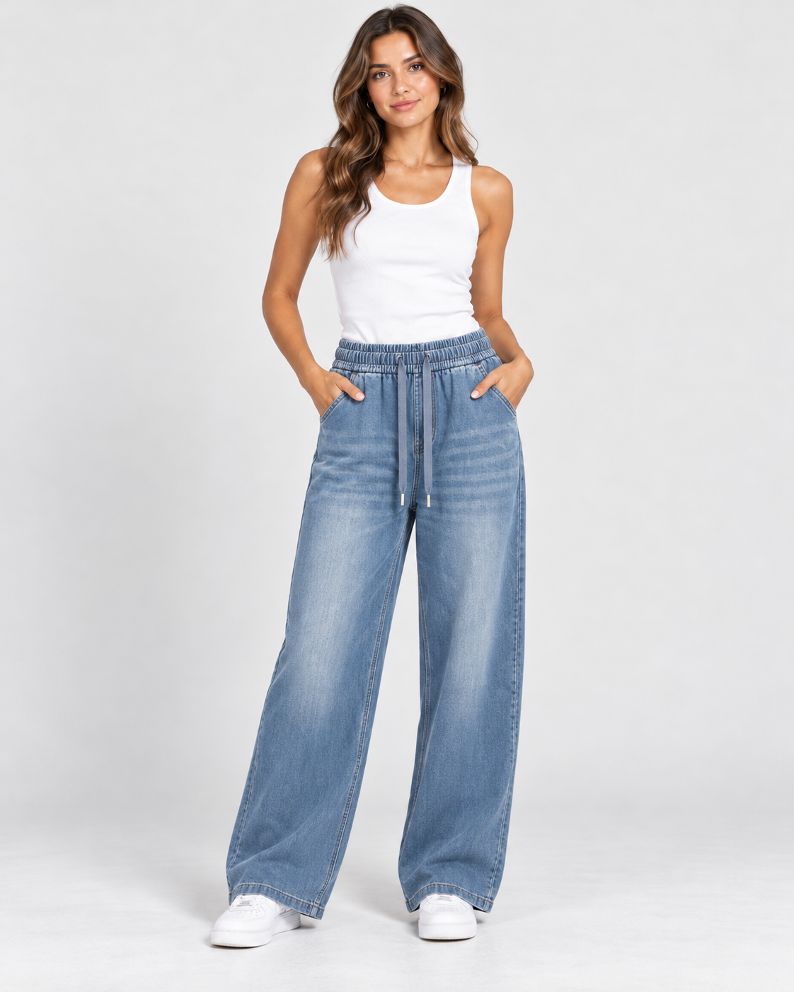 Women's drawstring wide-leg denim trousers in Light Blue on an AI fashion model