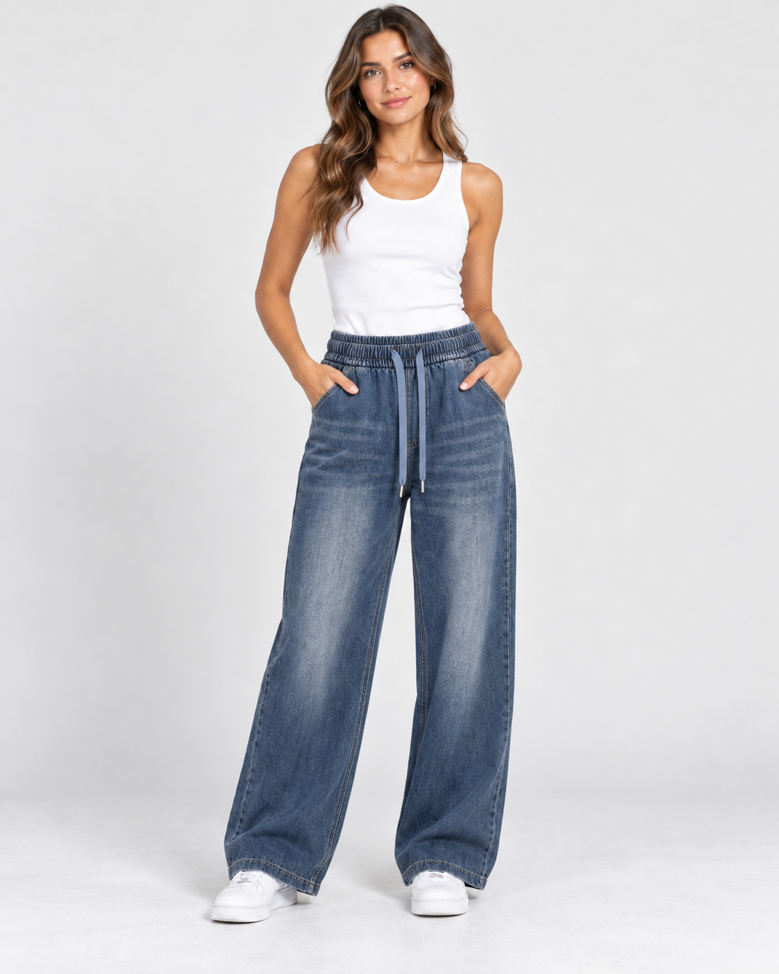 Women's drawstring wide-leg denim trousers in Mid Blue on an AI fashion model