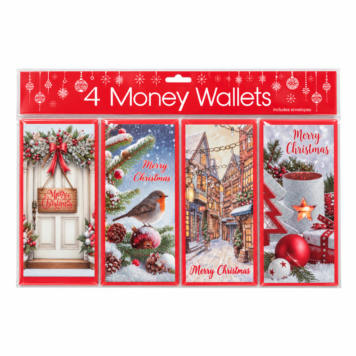 Four Christmas money wallets with winter scenes and envelopes