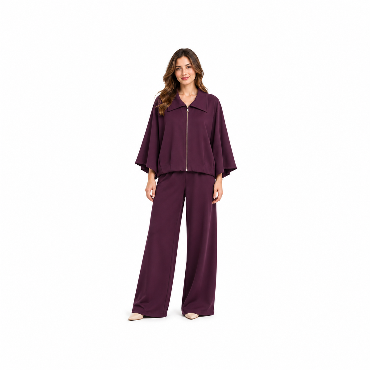 Zip Collar Co-ord - Plum on model